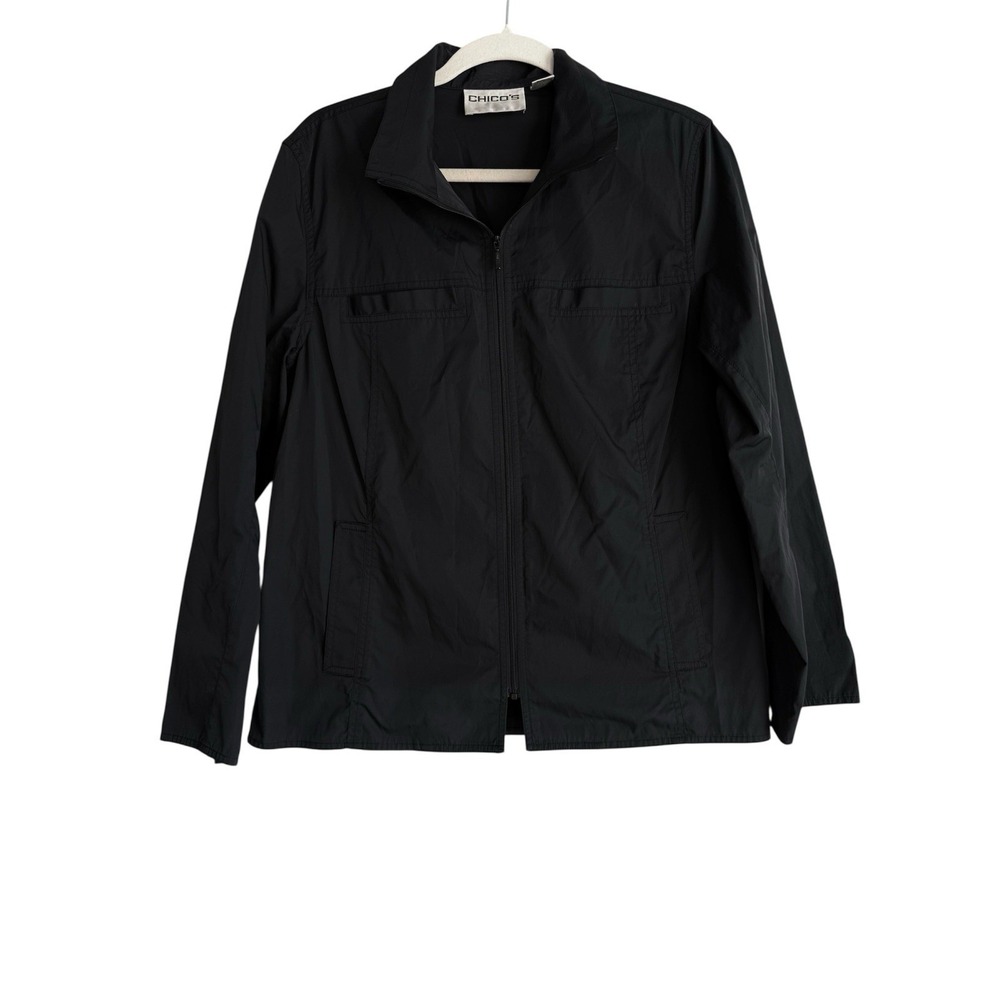 Chico's Women's Zip Front Utility Jacket Size M Black‎ Lightweight Windbreaker